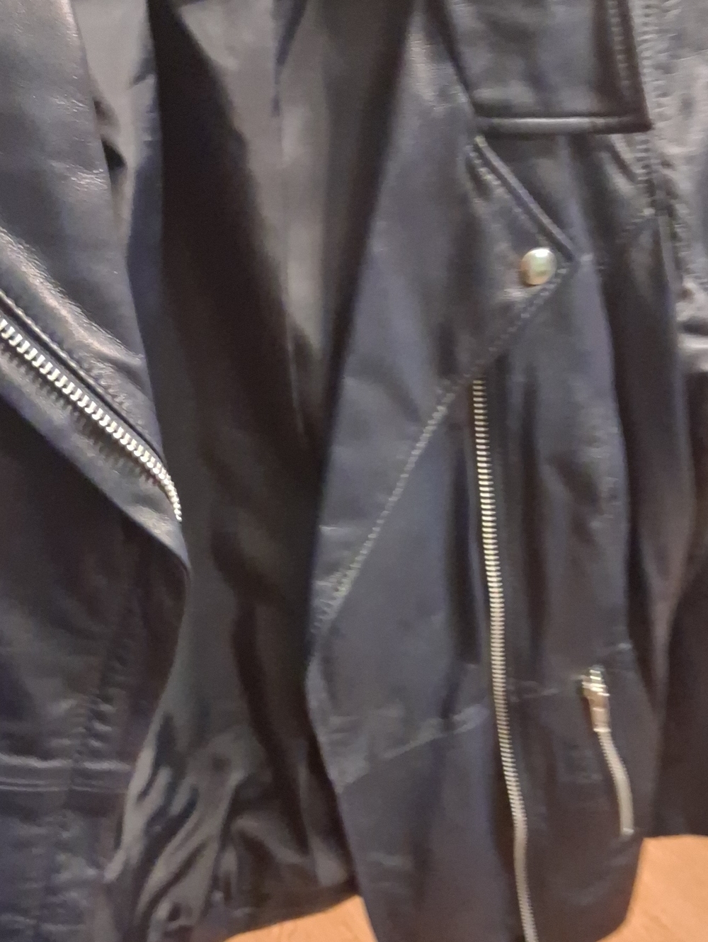 Roaman's Navy Blue Leather  Moto-Style Bomber Jacket with Silver Hardware